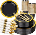 YOUBET 350PCS Black and Gold Plastic Plates - Gold Disposable Dinnerware Sets for 50 Guests - 100 Plastic Plates, 150 Gold Silverware, 50 Cups, 50 Pre Rolled Napkins for Party & Wedding Graduation