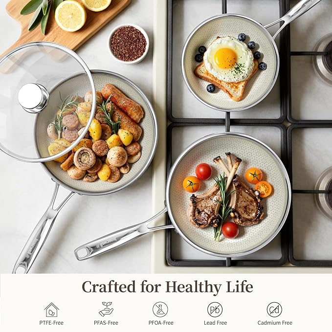 8 Inch Non Stick Frying Pan with Lid, Ceramic Hybrid Tri-Ply Stainless Steel Nonstick Skillet W/Lid, Small No Toxic Cooking Pans Induction Egg Frying Pan W/Stay Cool Handle, PFAS/PFOA/PTFE Free