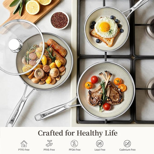 8 Inch Non Stick Frying Pan with Lid, Ceramic Hybrid Tri-Ply Stainless Steel Nonstick Skillet W/Lid, Small No Toxic Cooking Pans Induction Egg Frying Pan W/Stay Cool Handle, PFAS/PFOA/PTFE Free