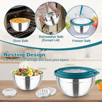 TeamFar Mixing Bowls, Stainless Steel Salad Serving Bowl with Clear Lids & 3 Graters, For Kitchen Cooking Prepping Storing, Size 4.6/2.6/1.5/1/0.7 QT, Nesting & Airtight, Set of 5 & Blue