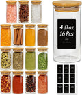 ComSaf Spice Jars with Label 4oz 16 Pack, Glass Spice Jars with Bamboo Lid, Small Seasoning Containers with 54 Black Labels, Stackable for Kitchen, Pantry Organization, Loose Tea, Herbs, Powders, Salt