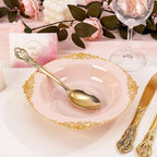 100PCS Pink Plastic Bowls - 12 oz Pink Gold Disposable Salad Bowls - Heavy Duty Soup Bowl - Fancy Plastic Ice Cream Bowl for Weddings Parties Dinners Picnics Mother‘s Day