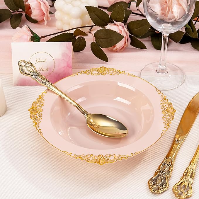 100PCS Pink Plastic Bowls - 12 oz Pink Gold Disposable Salad Bowls - Heavy Duty Soup Bowl - Fancy Plastic Ice Cream Bowl for Weddings Parties Dinners Picnics Mother‘s Day
