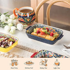 Henten Home Porcelain Rectangular Bowls with Handle - 20 oz Ceramic Pasta Bowls Set of 6, Colorful Bohemian Style Serving Dishes for Salad, Risotto, Oven,Microwave & Dishwasher Safe