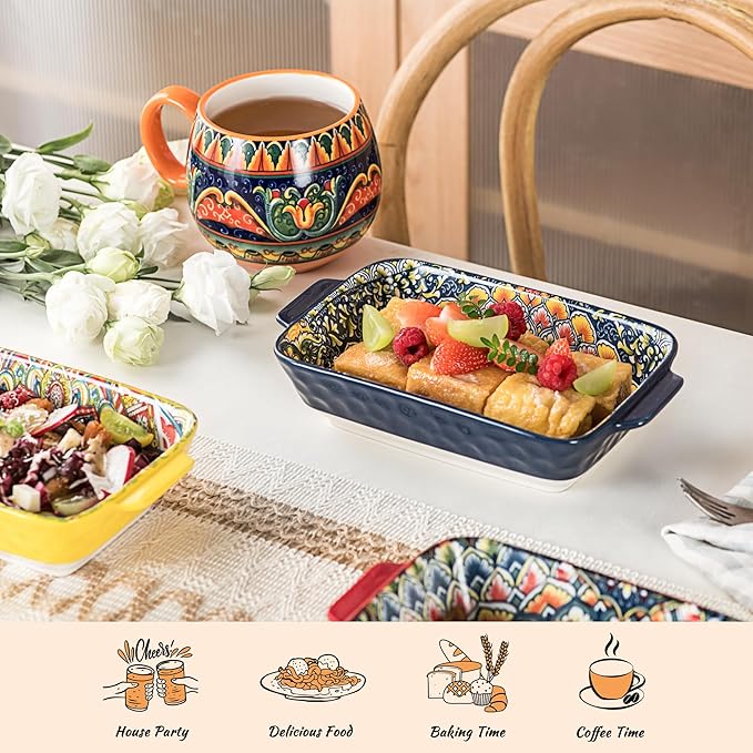 Henten Home Porcelain Rectangular Bowls with Handle - 20 oz Ceramic Pasta Bowls Set of 6, Colorful Bohemian Style Serving Dishes for Salad, Risotto, Oven,Microwave & Dishwasher Safe