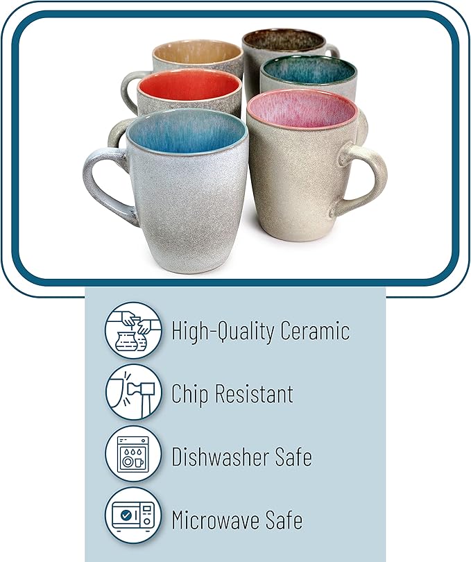 BTaT- Porcelain Coffee Mugs Set, 12 oz (350ml), 6 Pack, Ceramic Coffee Mugs, Matte White Outside and Colorful Inside, Restaurant Cups for Tea, Cappuccino, Cocoa, Cereal, Mug Gift Set, Dishwasher Safe
