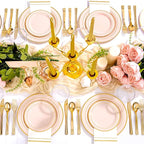 GATHER 700PCS Pink Plastic Plates - Gold Rim Disposable Plastic Dinnerware Set Include 200 Pink Plates, 300 Silverware, 100 Napkins, 100 Cups for Party & Wedding & Mother's Day