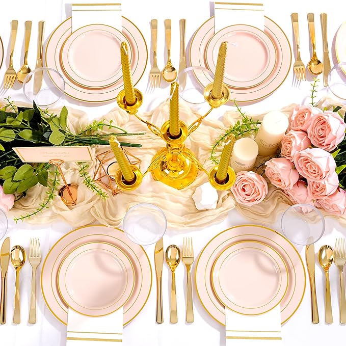 GATHER 700PCS Pink Plastic Plates - Gold Rim Disposable Plastic Dinnerware Set Include 200 Pink Plates, 300 Silverware, 100 Napkins, 100 Cups for Party & Wedding & Mother's Day