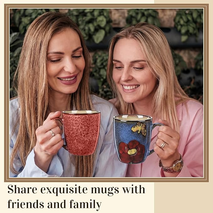 Maxdot 2 Pcs 12oz Ceramic Coffee Mugs Sets Glazing Process Cappuccino Mug Floral Ceramic Tea Cups Mother's Day Idea Gift for Women Mom Porcelain Cup for Coffee, Cocoa, Tea, Latte (Rustic)
