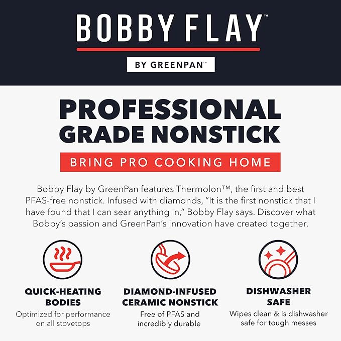 GreenPan x Bobby Flay 4.5QT Nonstick Saute Pan with Glass Lid, PFAS-Free Diamond Ceramic, Induction Suitable, Stay-Cool Silicone Handle, Easy Clean Dishwasher & Oven Safe, Black