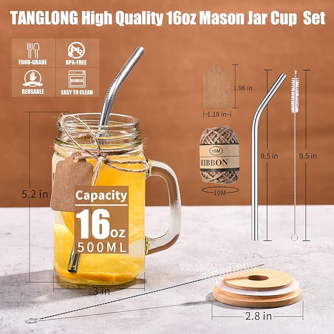 TANGLONG 16 oz Mason Jars with Handle, Mason Jar Cups, Glass Cups with Lids and Straws, Drinking Glasses Set of 12