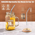 TANGLONG 16 oz Mason Jars with Handle, Mason Jar Cups, Glass Cups with Lids and Straws, Drinking Glasses Set of 12