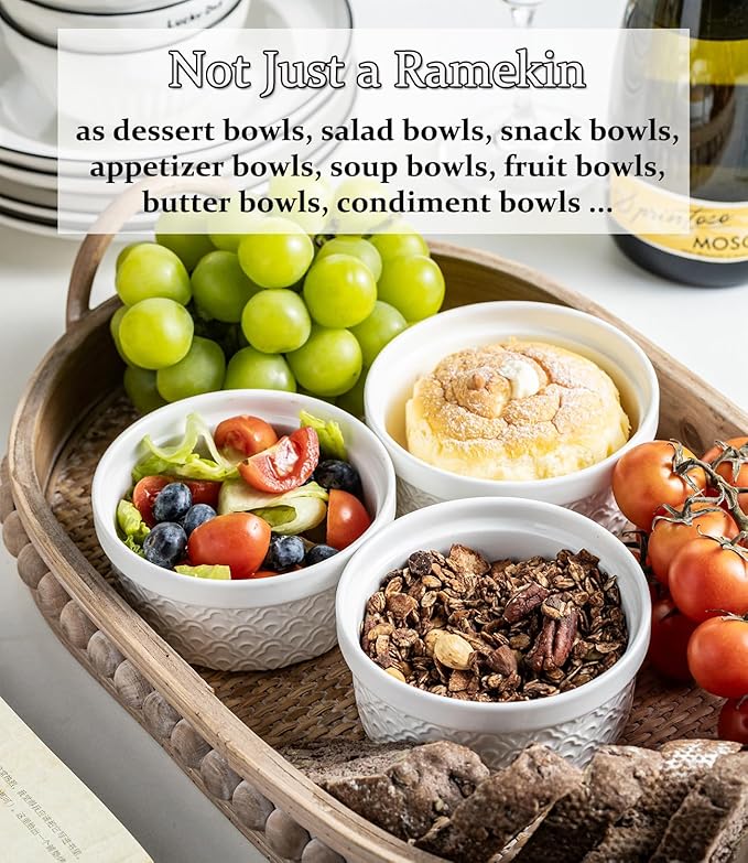 12 oz Ramekins with Lids Airtight Ceramic Storage Containers with Lids for Meal Prep/Moving/Freezer/Oven, Creme Brulee Ramekin Sets with Covers for Leftovers, Baking, Cooking, Beige Ripple