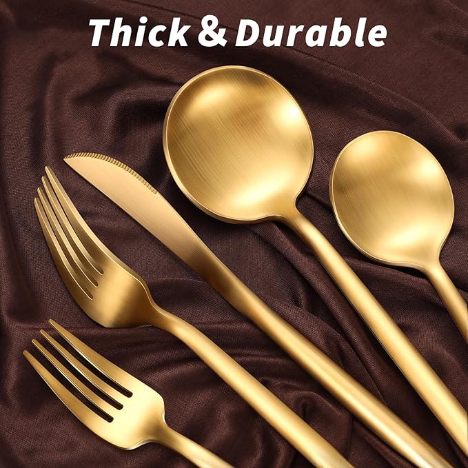 20-Piece Gold Silverware Set for 4, 18/10 Stainless Steel Flatware with Thick Spoons and Forks, Matte Golden Cutlery, Eating Kitchen Utensils for Home Restaurant Wedding, Dishwasher Safe