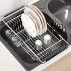 Over the Sink Expandable Dish Drainer Drying Rack In Stainless Steel for Small Kitchen, Counter Space Saving Modern Compact Metal Above Plate Dryer Strainer, Adjustable Hanging Inside Drain Holder