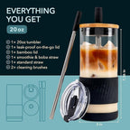 Pandaloo® Glass Cups With Lids and Straws -20 Fl Oz- Perfect Size Iced Coffee Cup - Smoothie Cup With Bamboo Lid and On the go Lid - Glass Tumbler With Straw (1 Count (Pack of 1), Black Saphir)