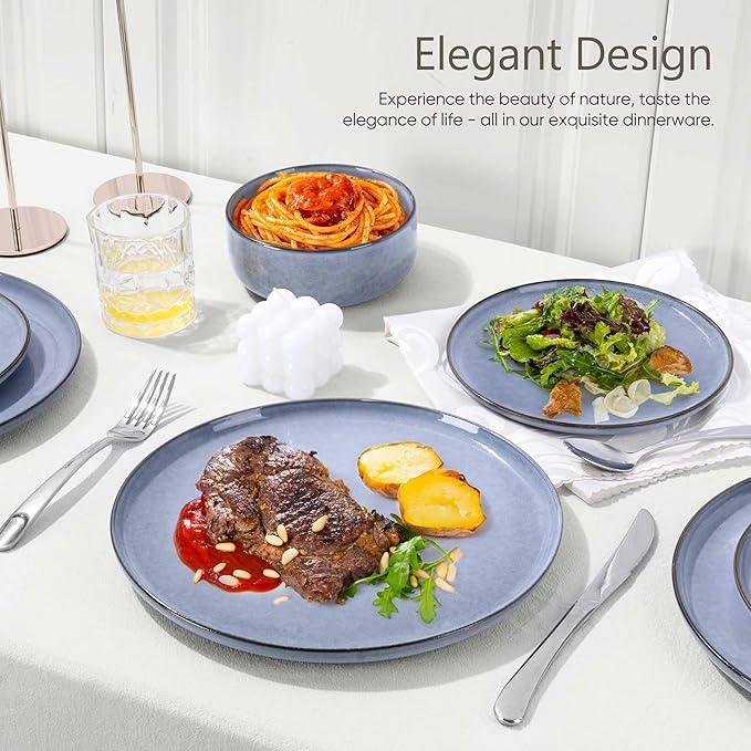 Herogo 18-Piece Stoneware Dinnerware Sets for 6, Stackable Dinner Plates and Bowls Sets, Double Reactive Glaze Dishware Place Setting for Kitchen, Scratch Resistant, Microwave Safe, Haze Blue