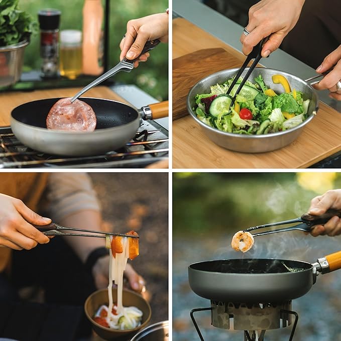 Thous Winds Stainless Steel Fine Tongs with Walnut Handle, 9 Inch Kitchen Tweezer Tongs for Cooking Camping Grilling BBQ Salad, Black