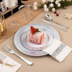 Bestluck 700PCS Silver Plastic Dinnerware Set for 100 Guests, Disposable Plates for Party, Include 100 Dinner Plates, 100 Dessert Plates, 100 Set Silver Silverware, 100 Cups, 100 Napkins
