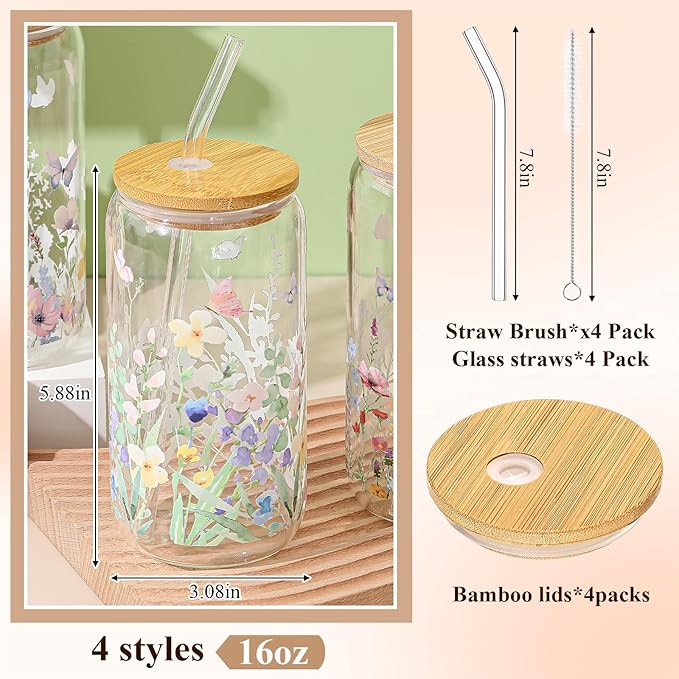 Mumufy 4 Pack Gift for Women Wild Flower Glass Cup Tumbler Butterfly Iced Coffee Mugs 16 oz Glass with Bamboo Lid & Straw, Christmas Mothers Day Birthday Gift for Mom Sister Bridesmaid Baby Shower