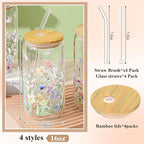 Mumufy 4 Pack Gift for Women Wild Flower Glass Cup Tumbler Butterfly Iced Coffee Mugs 16 oz Glass with Bamboo Lid & Straw, Christmas Mothers Day Birthday Gift for Mom Sister Bridesmaid Baby Shower