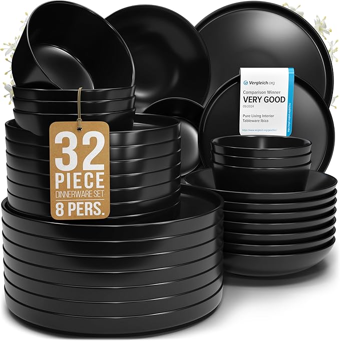 32 Piece Black Dinnerware Set for 8 | Matte Black Plates and Bowls Sets, Modern Stoneware Black Dishes Set | Scratch Resistant, Dishwasher & Microwave Safe | Matte Black Finish Ultra-Chic & Modern