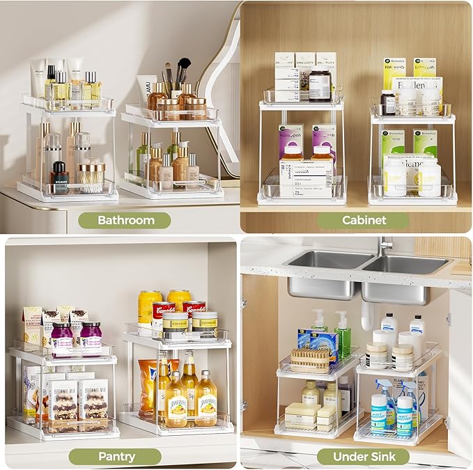 Delamu 2-Tier Bathroom Under Sink Organizers and Storage, Pull Out Cabinet Drawers with Anti-Slip Design & Two Sizes, Multi-Purpose Storage for Kitchen, Pantry, Bathroom & Home Organization, 4 Pack