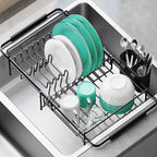 Urackify Dish Drying Rack in Sink - Expandable (14.5''-18''L) Over The Sink Dish Rack with Utensil Holder, Space-Saving Dish Drainer for Kitchen Counter, 1 Piece, Matte Black