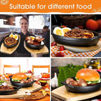 Mifoci 2 Pcs Mini Cast Iron Skillet with Wooden Base Small Cast Iron Fajita Plates Baker's Skillet Matte Black Pan Pot for Kitchen Restaurant Barbecue Dinner (8.7 x 4.7 x 1.6 Inches)
