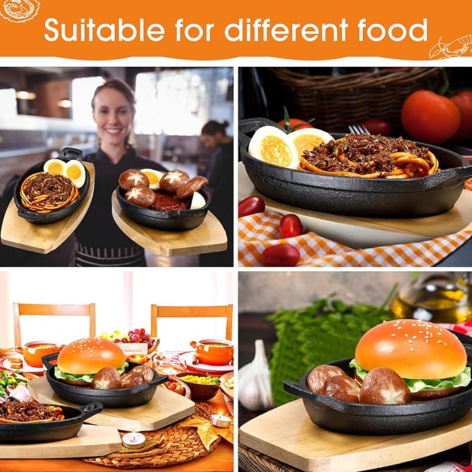 Mifoci 2 Pcs Mini Cast Iron Skillet with Wooden Base Small Cast Iron Fajita Plates Baker's Skillet Matte Black Pan Pot for Kitchen Restaurant Barbecue Dinner (8.7 x 4.7 x 1.6 Inches)