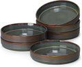 E-far Pasta Bowls Set of 6, 35oz Large Salad Bowl Plate for Dinner Serving, Wide & Shallow Ceramic Stoneware Pasta Plates, Microwave & Dishwasher Safe, Reactive Glaze Textured Stripes, Blackish Green