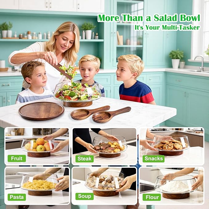 Extra Large Glass Salad Bowl with Lid Set, 5-Qt (160 fl oz) Mixing/Serving Bowl with Wood Base & Salad Servers, Trifle Bowl for Kitchen, Parties & Christmas