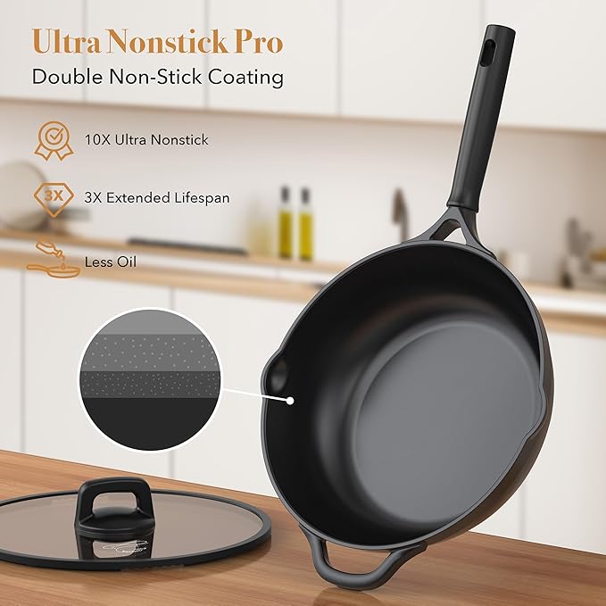 Nonstick pots and pans set 14 Pcs, Induction Cooking Set with Pour Spouts and Oven Safe for Casserole, PFOA FREE, Classic Black,Compatible with All Cooktops,Heat-resistant and comfortable handle