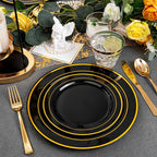 bUCLA 150 Pieces Black and Gold Disposable Dinnerware Set - 25 Guests Black Gold Plastic Plates Include 25 Dinner & 25 Dessert Plates, 25 Spoons, 25 Forks, 25 Knives, 25 Cups for Party & Graduation