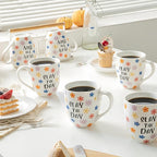 16 OZ Coffee Mugs Set of 6, Aesthetic Cute Cups with Retro Floral Pattern, Inspirational Affirmation Gifts for Women, Coworkers, Friends, Ceramic, (White)