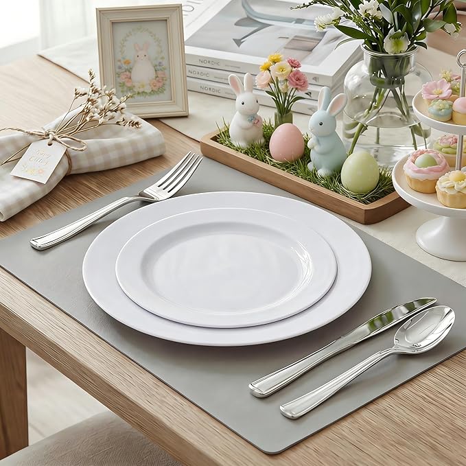 KIRE 120PCS White Plastic Plates - Heavy Duty White Disposable Plates for Party/Wedding - Include 60Pieces 10.25inch Dinner Plates - 60Pieces 7.5inch Dessert/Salad Plates