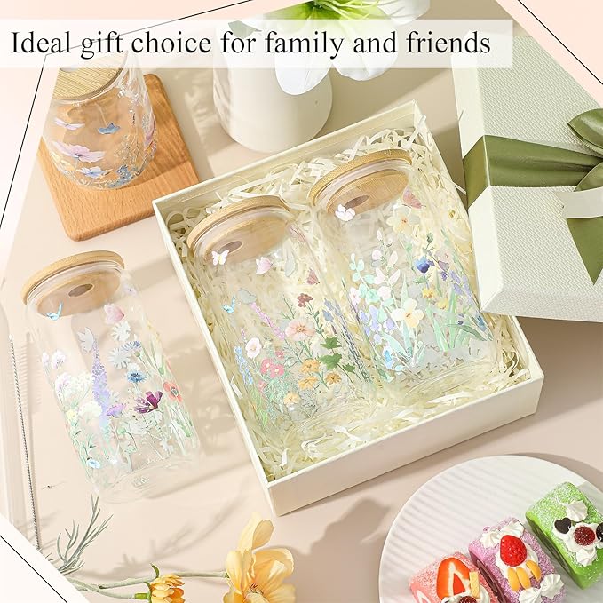 Mumufy 4 Pack Gift for Women Wild Flower Glass Cup Tumbler Butterfly Iced Coffee Mugs 16 oz Glass with Bamboo Lid & Straw, Christmas Mothers Day Birthday Gift for Mom Sister Bridesmaid Baby Shower