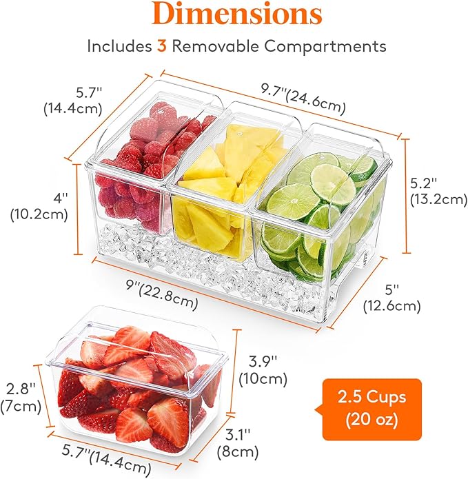 Lifewit 2 Pack Taco Bar Serving Set for Party with 3 x 20 oz Containers, Ice Chilled Condiment Caddy Organizer, Garnish Serving Tray Platter for Mimosa Bar Accessories, Fruit, Salad, Food