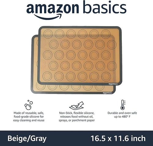 Amazon Basics Silicone Baking Mat for Macarons, Non-Stick, Food Safe, Reusable, Oven-Safe, 16.5" x 11.6", Beige/Gray, 2-Pack