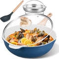 AOSION 12 Inch Nonstick Ceramic Deep Frying Pan Skille with Lid,5.5QT Sauté Pan for Cooking with Steam Rack,Healthy Large Skillet,Stay Cool Handle, Induction Compatible, PFOA & PFAS Free. (BLUE)