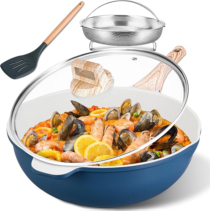 AOSION 12 Inch Nonstick Ceramic Deep Frying Pan Skille with Lid,5.5QT Sauté Pan for Cooking with Steam Rack,Healthy Large Skillet,Stay Cool Handle, Induction Compatible, PFOA & PFAS Free. (BLUE)