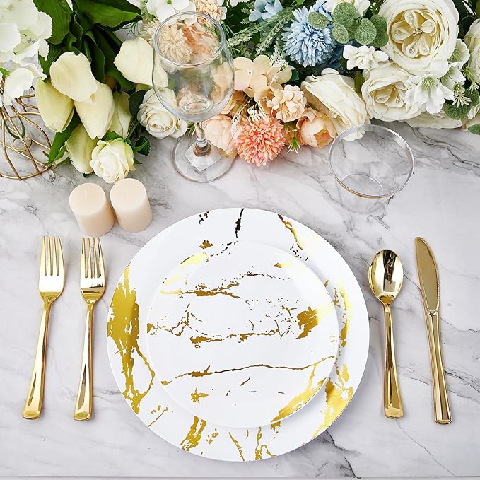 JOLLY PARTY 180PCS Disposable Dinnerware Set 30 Guest, 60 White and Gold Plastic Plates, 30 Plastic Silverware, 30 Cups, Marble Design Disposable Dinnerware for Wedding, Thanksgiving and Parties