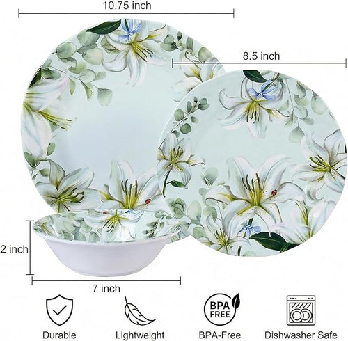 12-Piece Melamine Dinnerware Set - Shatterproof Plates and Bowls Sets for Everyday Dining,Elegant Lily Pattern Dish Set, Outdoor Picnics and RV Camping Green & White
