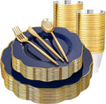bUCLA 180PCS Blue Plastic Plates - Navy Blue and Gold Rim Disposable Include 30 Each (Dinner & Dessert) Plates, 30 Knives, 30 Forks, 30 Spoons and 30 Cups, Ideal for Party, Gathering & Graduation
