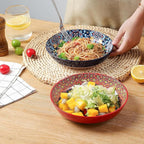 KitchenTour Pasta Bowls Set of 6-30 oz Large Wide & Shallow Serving Bowl, Colorful Ceramic Salad Bowls for Everyday Dining - 8.2 Inch, Microwave and Dishwasher Safe, Bohemian Style