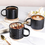 GBhome 15OZ Stackable Coffee Mugs, Ceramic Coffee Mugs with Texture Patterns for Man,Woman,Dad,Mom, Modern Coffee Cups Set of 4 for Latte/Cappuccino/Cocoa. Dishwasher&Microwave Safe，Black
