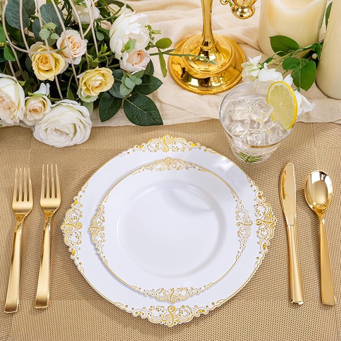 Hioasis 300pcs White and Gold Plastic Plates - Disposable Dinnerware Set Suitable for 50 Guests Include 10.25" Dinner & 7.5" Dessert Plates,Silverware Set, Cups for Wedding(NO Napkins Included)