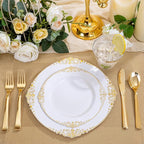 Hioasis 300pcs White and Gold Plastic Plates - Disposable Dinnerware Set Suitable for 50 Guests Include 10.25" Dinner & 7.5" Dessert Plates,Silverware Set, Cups for Wedding(NO Napkins Included)