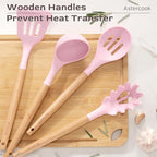 Astercook Kitchen Utensils set, 39 PCS Silicone Cooking Utensils Set with Wooden Handle, 446°F Heat Resistant Food Grade Utensil Sets, BPA Free Kitchen Gadgets Tools Set for Nonstick Cookware (Pink)