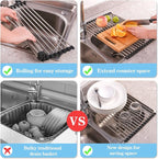 Seropy Roll Up Dish Drying Rack Over The Sink for Kitchen Sink Drying Rack Folding Dish Drainer Mat Rolling Dish Rack Sink Rack Stainless Steel Kitchen Dry Rack Black 17.5x15.7 Inch